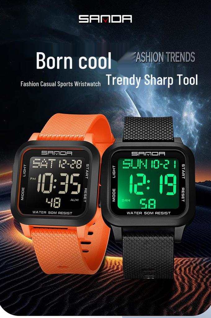 Sanda Student Sports Watch - Waterproof, Luminous Large Dial, Countdown Timer, Multifunction Alarm Clock, Square Electronic Design