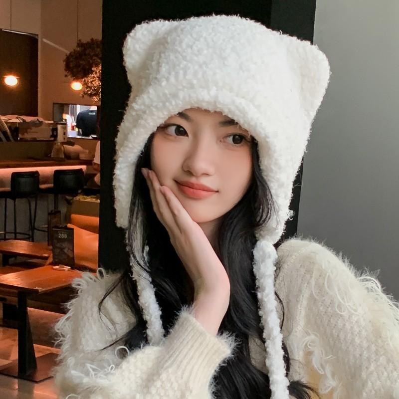 Cute bear wool hat female winter face small warm knitted hat big head envelope ear tide