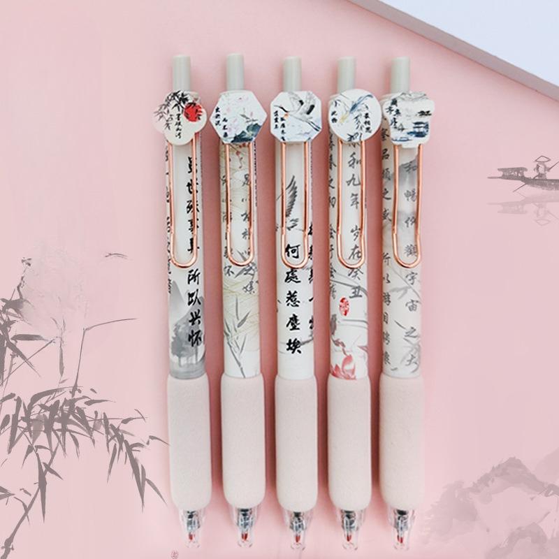 5Pcs Chinese Style Soft Grip Press Type Gel Pen 0.5 Black Ink Neutral Pen Lovely Signature Pen Writing Tool Student Supplies