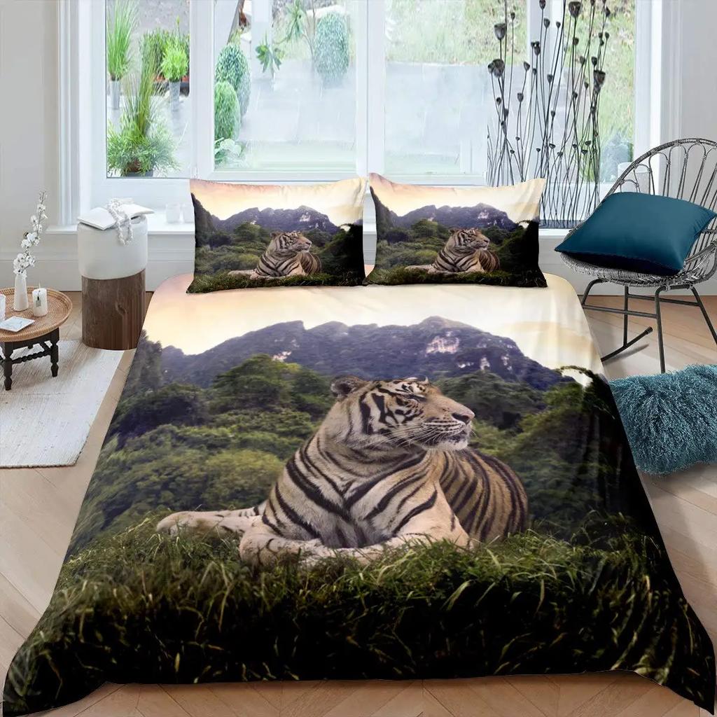 Tiger Comforter Cover Set 3D Tiger Lying on The Stump Pattern Duvet Cover with Zipper Ties Wild Animal Theme Bedding Set for Kid
