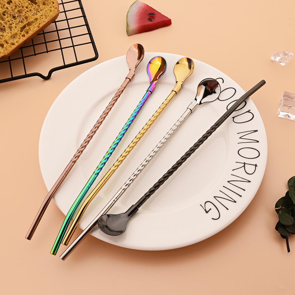 6Pcs Milkshakes Cocktails Coffee Juice Straw Set 2-in-1 Stainless Steel Straw Spoon Set Reusable Drinking Straws Bar Accessories