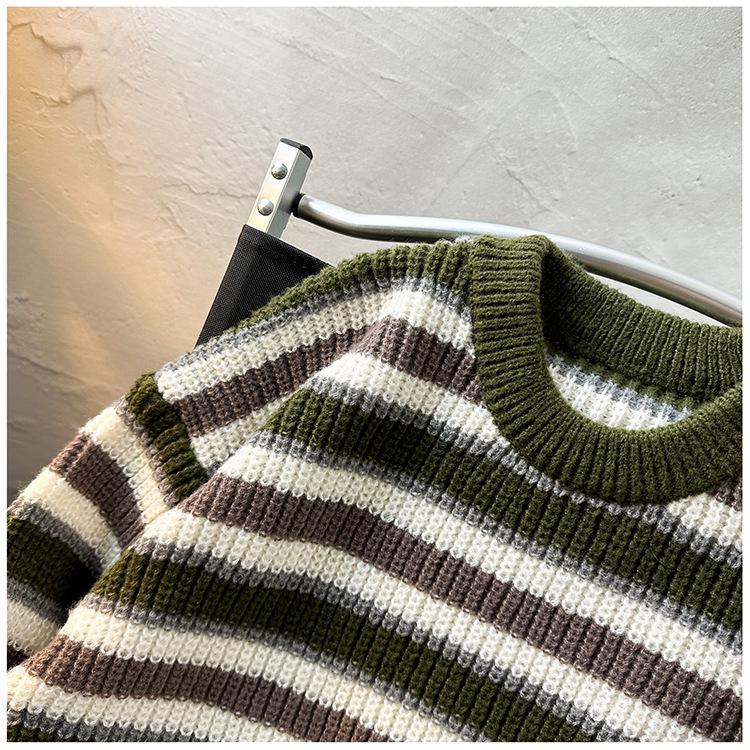 Men's Japanese Retro Striped Sweater - Thick Knit, Round Neck, Loose Fit for Autumn/Winter