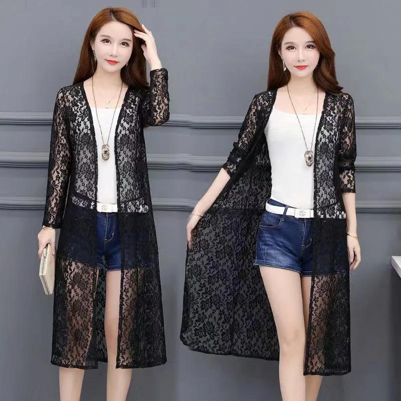 Women's Mid-length Summer Lace Sunscreen Cardigan Fashion Thin Coat with Matching Skirt Top Mesh Shawl Casual Lady Cardigan