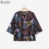 ZANZEA Women Casual Round Neck Loose 3/4 Sleeve Print Cotton Blouse