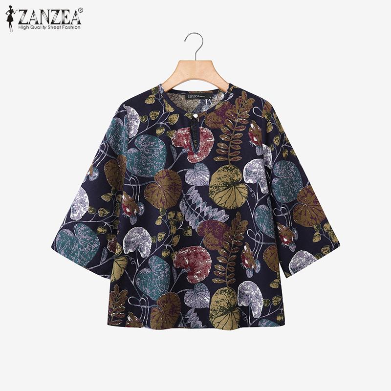 ZANZEA Women Casual Round Neck Loose 3/4 Sleeve Print Cotton Blouse