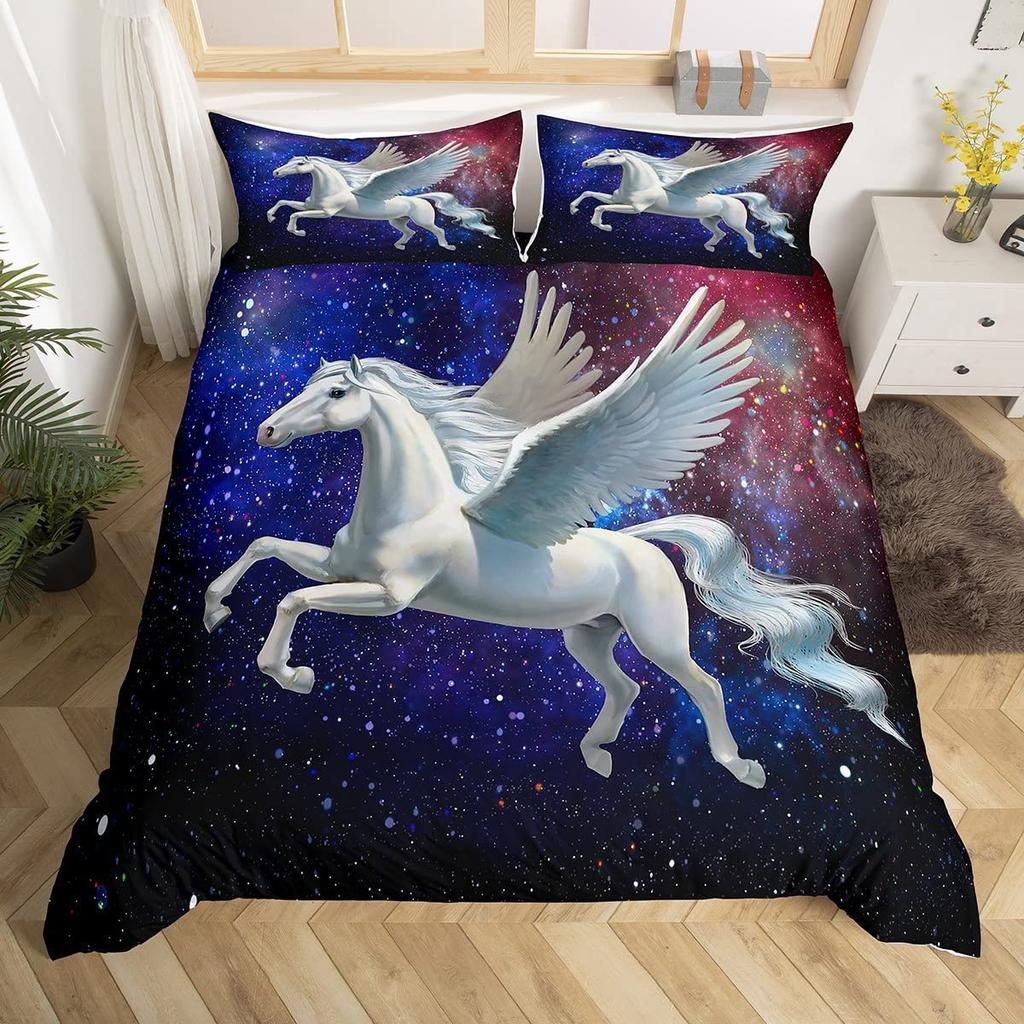 Cartoon Kawaii Unicorn Duvet Cover Set Girly Fantasy Star Moon Galaxy Bedding Set Twin King Microfiber Leaves Comforter Cover