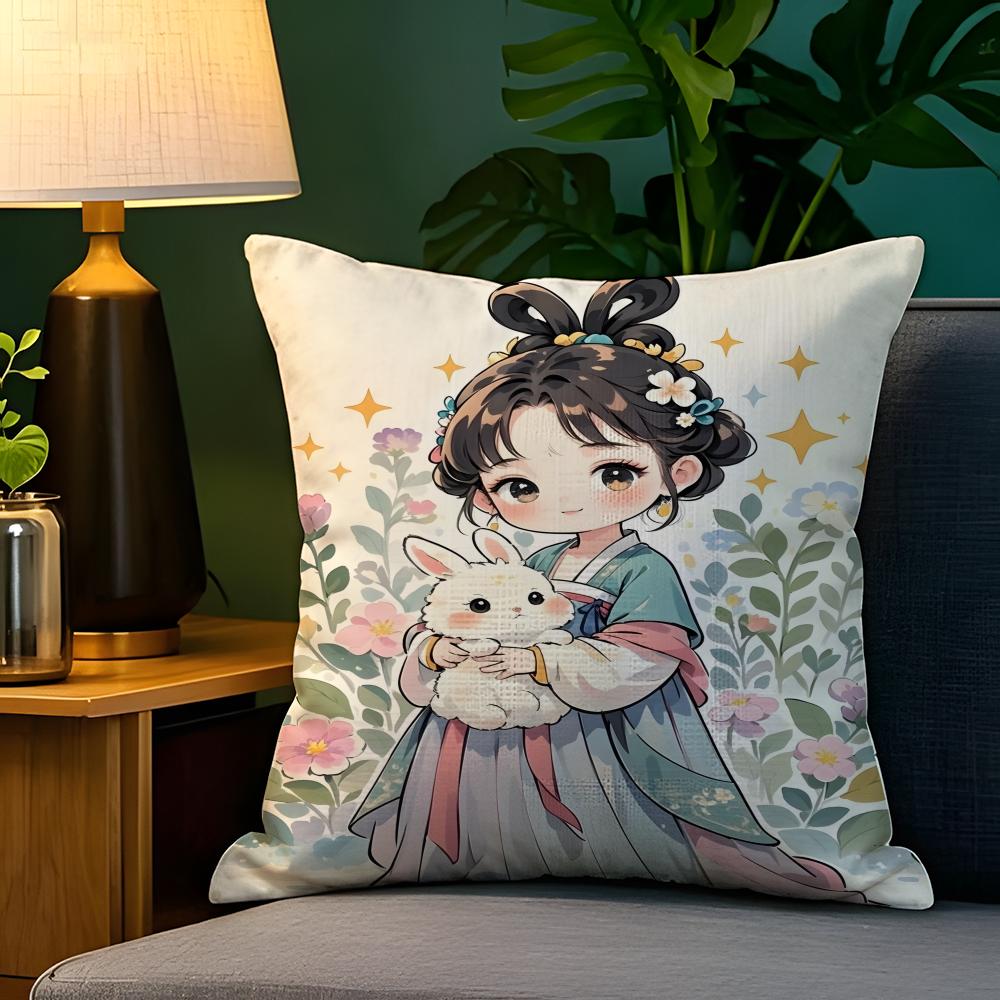 Eastern Aesthetics China Costume Girl 1 Pillow Case Natural Linen Pillow Case Double-Sided Decor Sofa Pillowcase Home Decor