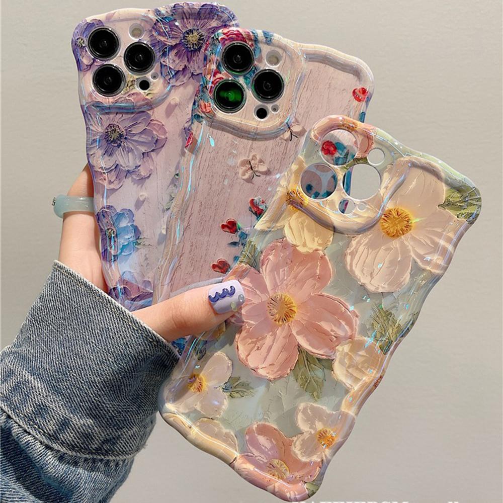 Retro Oil Painting Phone Case For iPhone 13 14 15 16 ProMax 12 11 Luxury Flower Print Shockproof Silicone Cover Artistic Decor