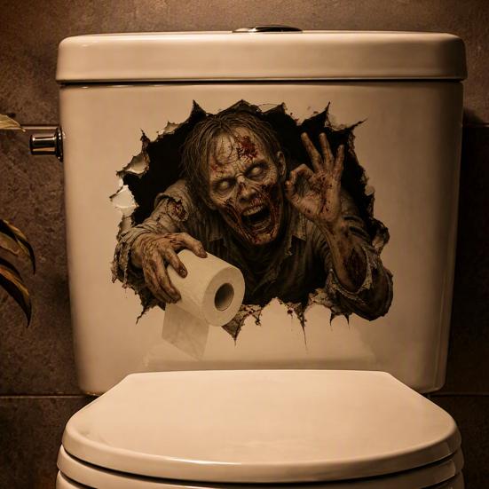 Removable Adhesive Toilet Clings Spooky Crack Ghost Tank Lid Sticker, Halloween Horror 3D Broken Wall Zombie Indoor Scene Setters Seat