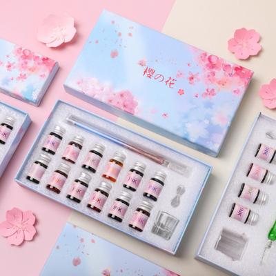 1 Set Dip Pen Translucent Cherry Blossom Decor Paillette Print Glas Ink Pen Set als Geschenk