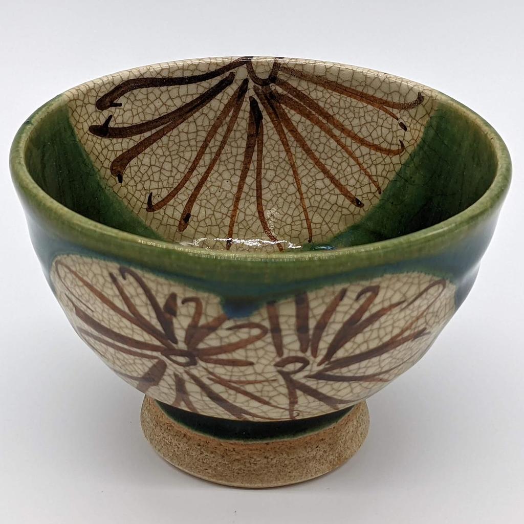 Utsuwa Roan Seto Ware Rokubei Rice Bowl with High Base, Approximately 12cm, Oribe Style, Chrysanthemum Pattern, Made In Japan, Green, 007-0006