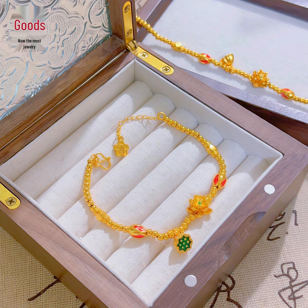 Золотой Магазин Эмалированный Браслет с Лотосом: Китайский стиль, Вьетнамское песочное золото, Идеально для ципао, Уникальный дизайн, Амулет на удачу.