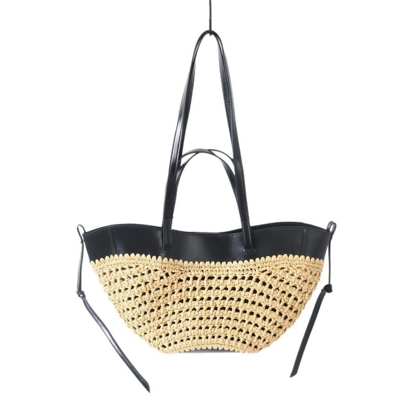 Large Capacity Woven Tote Bag Women Genuine Leather Top Grain Cowhide Straw Interior Beach Vacation Style