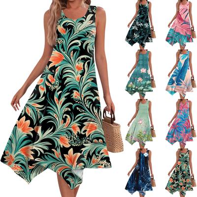 Women's Casual Fashion Round Neck Sleeveless Print Irregular Hem Midi Dress Hem Midi Dress