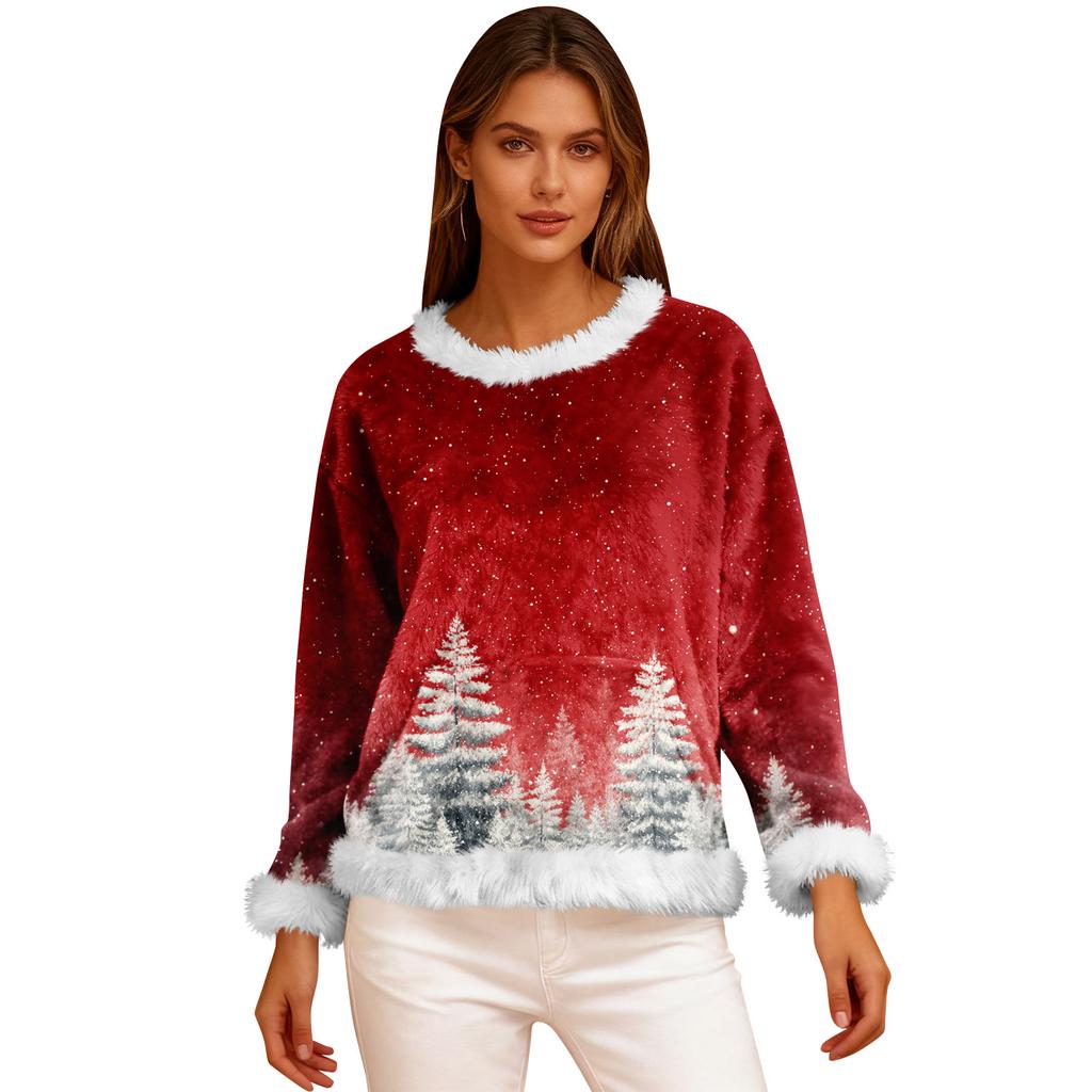 Women's Casual Fleece Sweatshirt  Long-Sleeve Round  Neck Casual Comfortable Loose-Fit Lightweight Women's Flannel Sweatshirt
