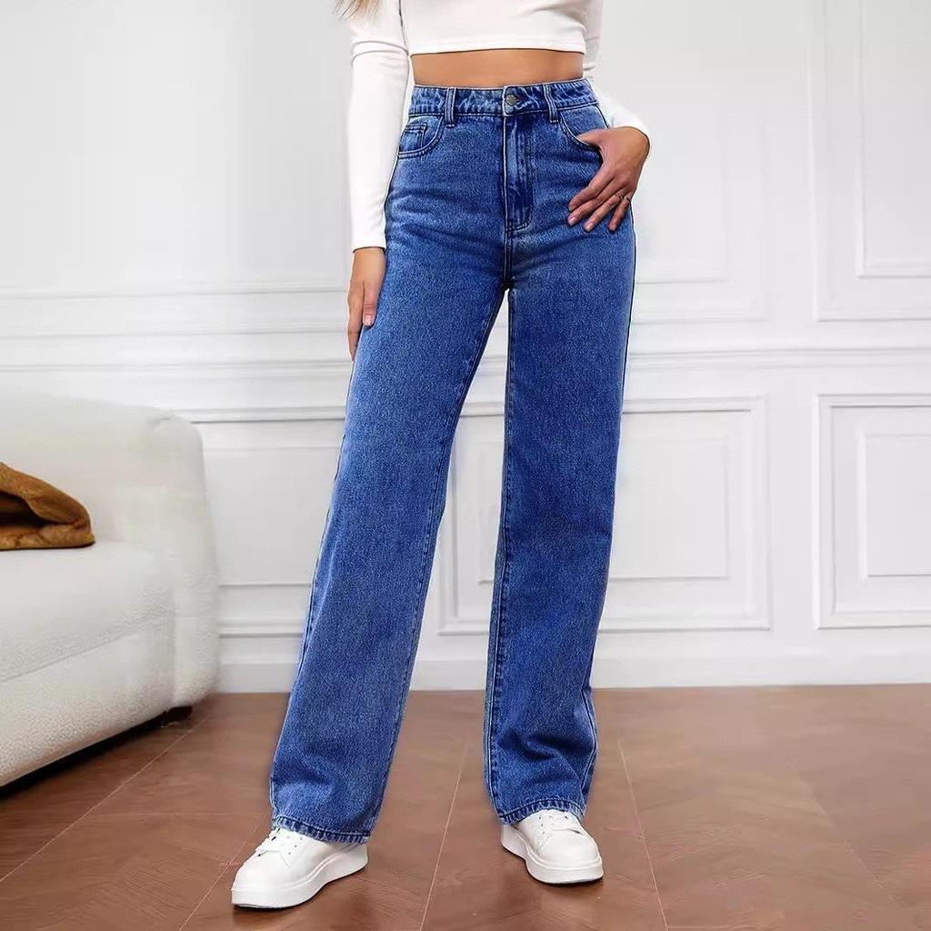 2025 Women's European & American Style Washed Denim Loose Straight-Leg Jeans for Autumn/Winter