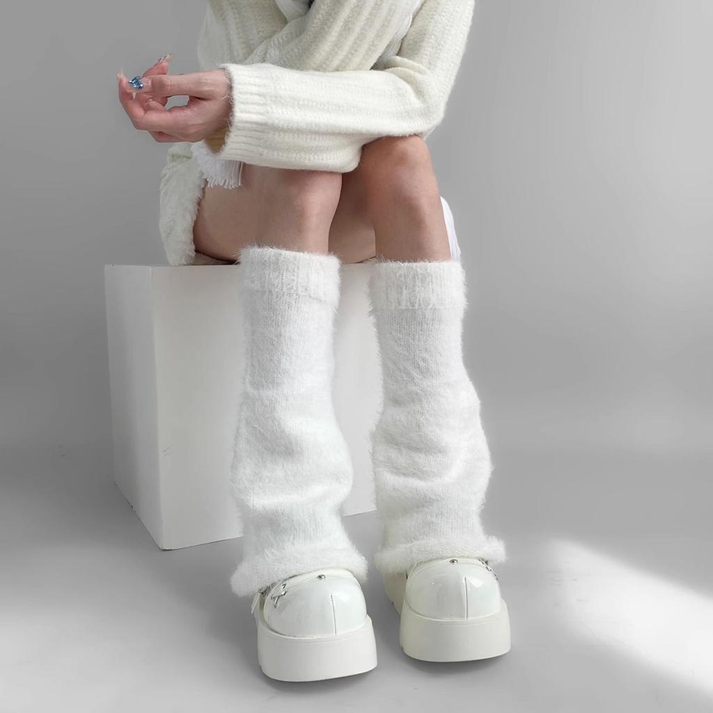 Autumn Winter Gray Series Gray Plush Warm Versatile JK Spice Girl Mid-calf Leg Warmers Y2K Wide-leg Cuffed Slouchy Leg Warmers