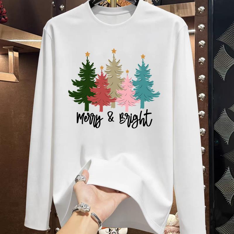 (Asian Size) Style Trend Lovely Christmas New Year Graphic Tee Print T Shirt Women Autumn Winter Casual Fashion Top Clothing Long Sleeve T-shirts