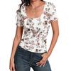 Women's Slim Fit Square Neck Floral Print Short Sleeve Top Ribbed Stretch Fabric Vintage Style Casual Shirt