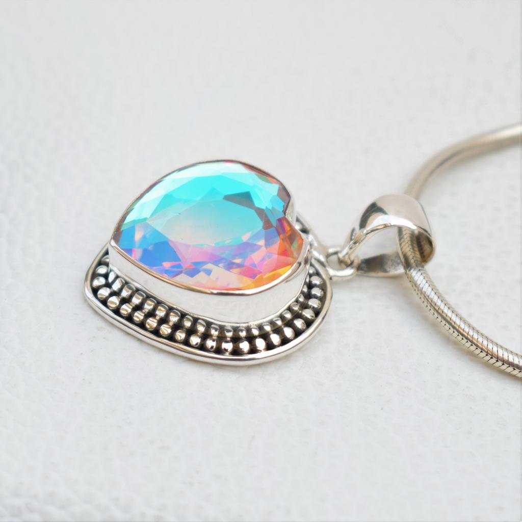 Angel Aura Quartz Pendant, Handmade 925 Sterling Silver Heart Shape Aura Quartz Pendant, Gift for her, Anniversary Pendant
