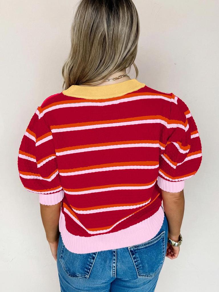 Women's Casual Striped Patchwork Short Sleeve Round Neck Sweater