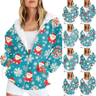 Damen Weihnachts-Sweatshirt mit Aufdruck Winter Langarm Strickjacke Jacke mit Taschen Reißverschluss Kapuzenpullover Oberbekleidung