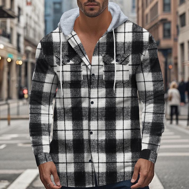 American Retro Plaid Shirt Men'S Autumn And Winter Hooded Flannel Jacquard Shirt Casual Jacket Men