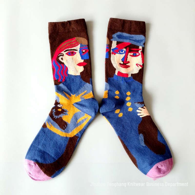 Șosete la modă cu pictură în ulei franceză: Șosete de vițel colorate, cu tub mediu-înalt, de nișă, la modă pentru femei