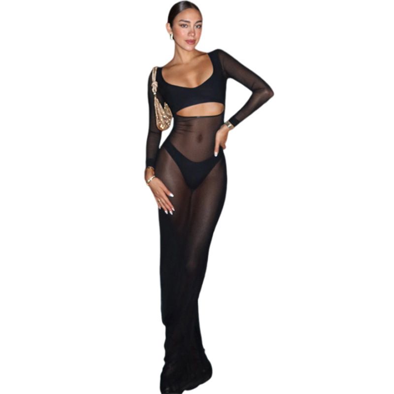 Mesh Hollow out Long Sleeve Dress Set Mesh Hollow Long Sleeves Dress Suit