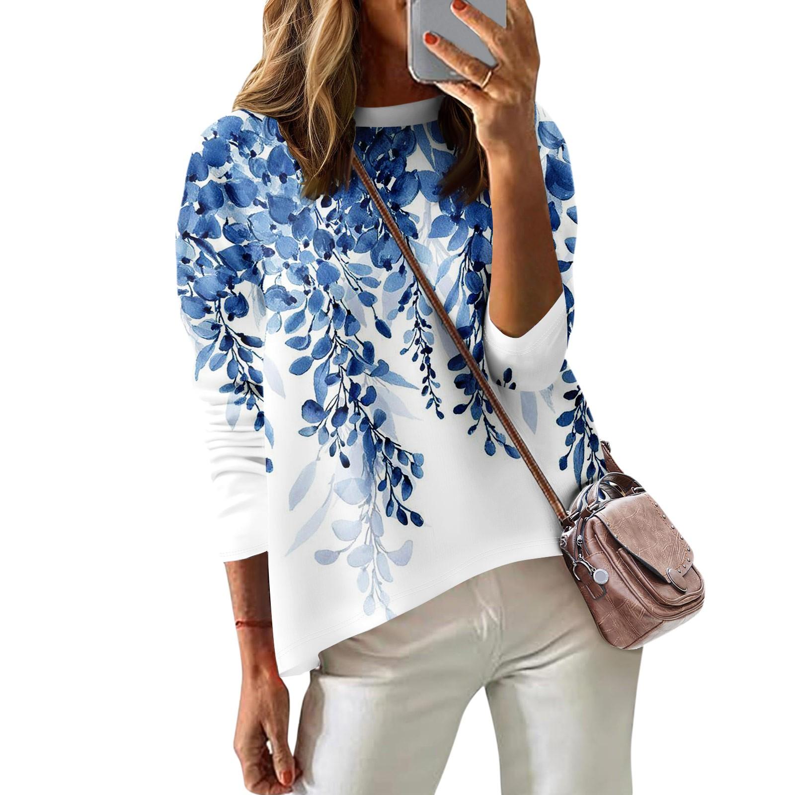 

Женская футболка с цветочным принтом, длинный рукав, повседневная, выходного дня, модная, с заниженной линией плеч, с круглым вырезом, блузка S синий