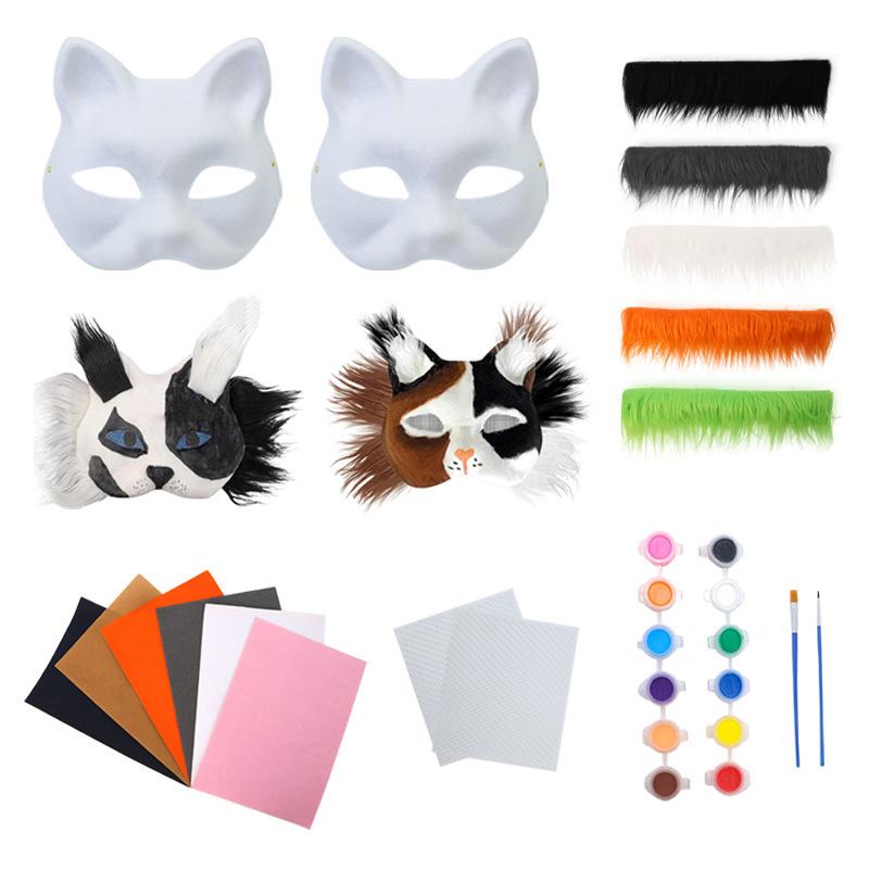 Diy Blank Masks Hand-Painted Animal Fox Cat Graffiti Mask White Embryo Pulp Mask Halloween Party Half Face Mask Decoration Gifts