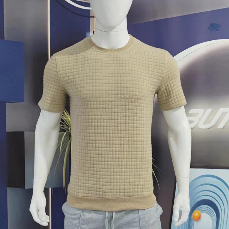 Spring Summer Men's Small Plaid T-shirt Solid Round Neck Short Sleeve Man Top