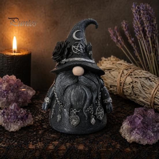 Crystal Stone Ornament Wizard Hat Faceless Gnome Figurine, Mystical Home Decor Statue with Crescent Pentagram Black Rose Witch-themed Display