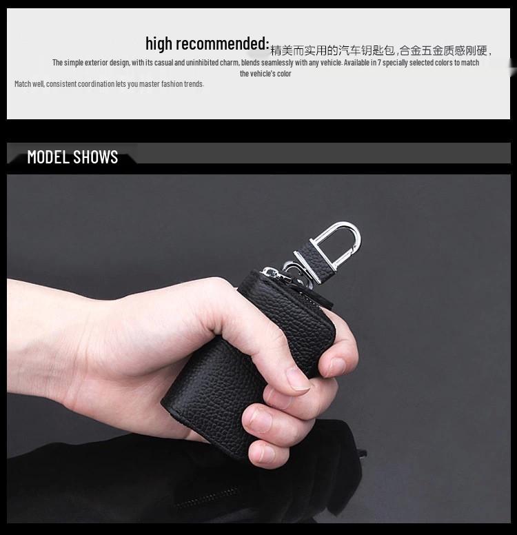 Lychee Grain Cowhide Key Case with Zipper - Pure Black