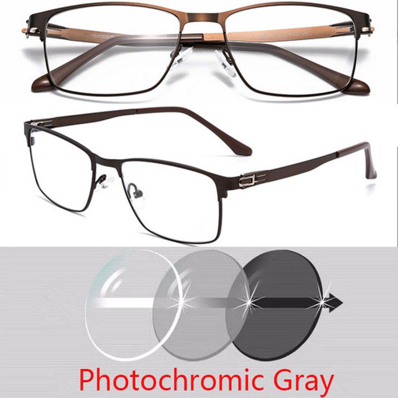 No Screws Design Sun Photochromic Gray Square Prescription Eyeglasses Full Metal Men Power Spectacles 0 -0.5 -0.75 -1.0 To -6.0