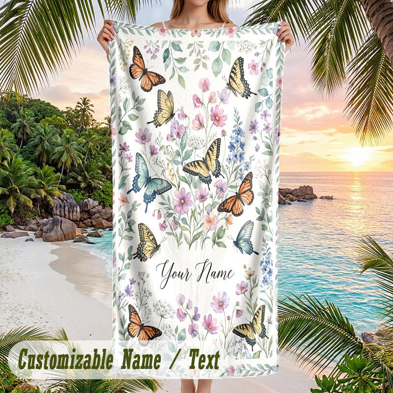 Butterflies Flowers Garden 5 Theme Quick Dry Beach Towel Custom Name Text Print Large Sand Resistant Towel Beach Vacation