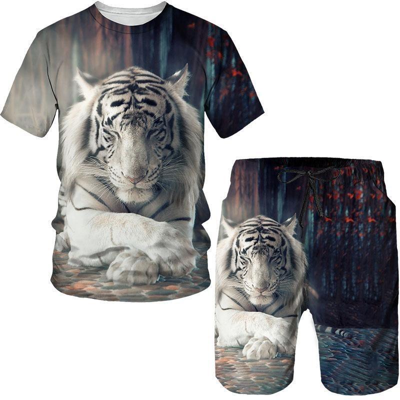 

Summer New Men s Animal Tiger Sports Set 3D Printed Animal Tiger Pattern Men s Short Sleeved T-shirt Set Men Two-Piece Set S