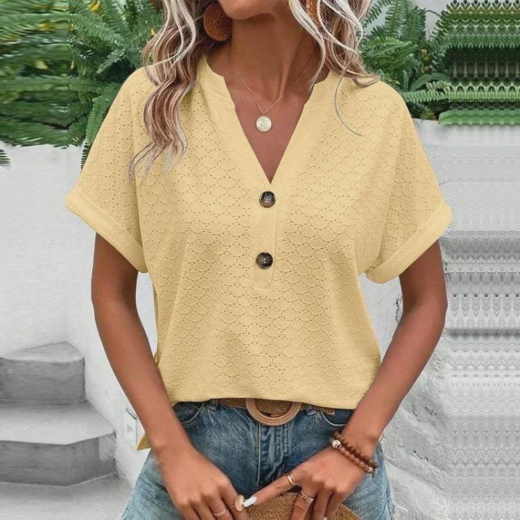 Spring Summer  Women Casual Button V Neck T Shirt Solid Color