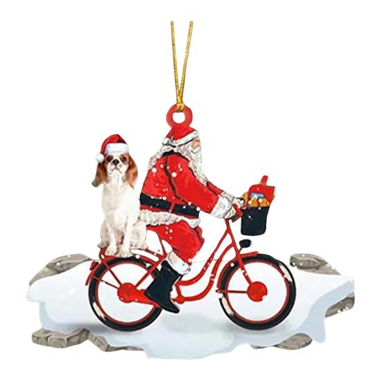 Santa Riding A Bicycle with A Dog Ornament Cute Acrylic Santa