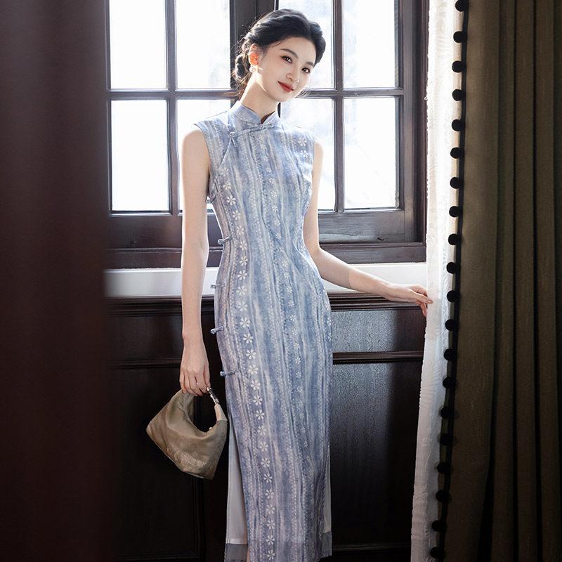 Blue national style new Chinese sleeveless Suzhou long cheongsam improved young 1011 new women's high sense summer