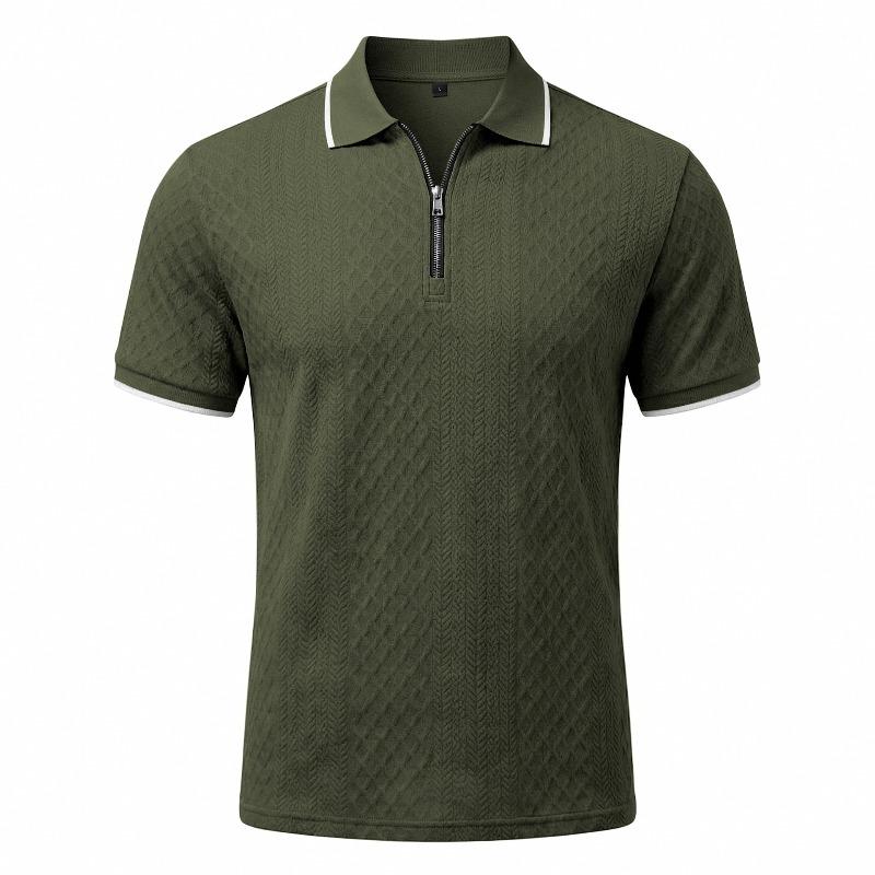 Men's Heavyweight Vintage Loose Jacquard Zip Short Sleeve Polo Shirt.