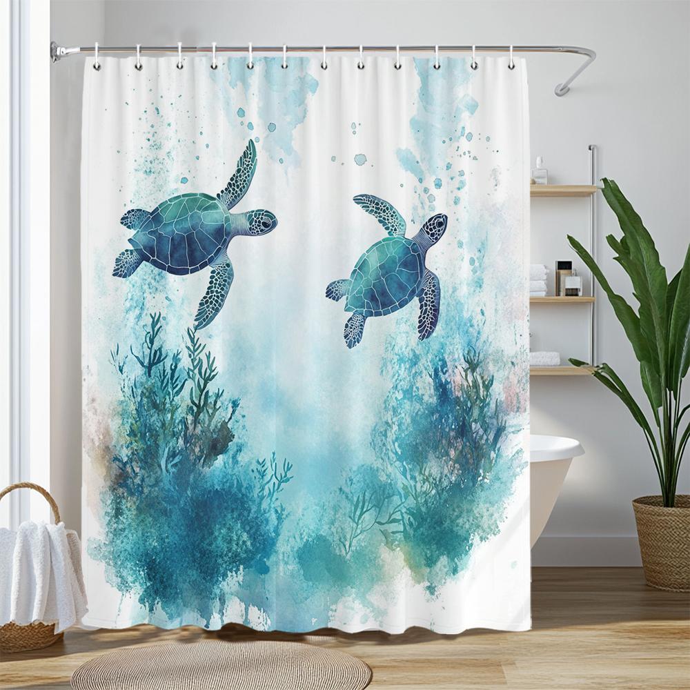 Sea Turtle Shower Curtain, Beach Coastal Sea Turtle Starfish Jellyfish Underwater Creatures Bathroom Decorative Shower Curtains