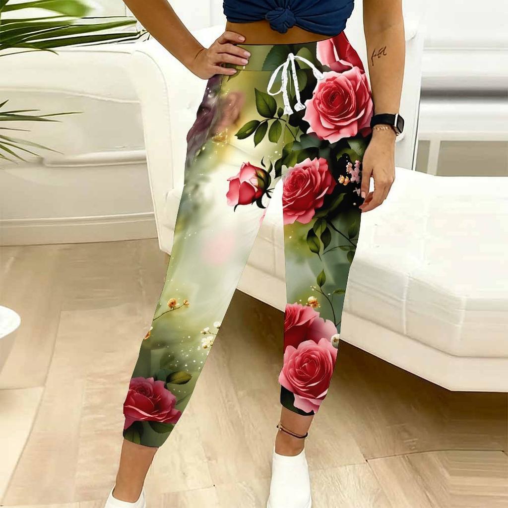 Summer Ladies Abstract Spiral Printed Sweatpants Loose Fit Drawstring Joggers Elastic Cuff Daily Casual Pants