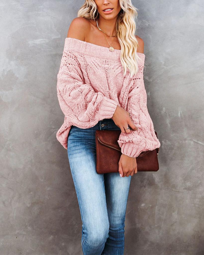 Autumn and winter new Temu hot-selling word shoulder loose knitted sweater solid color pullover sweater women