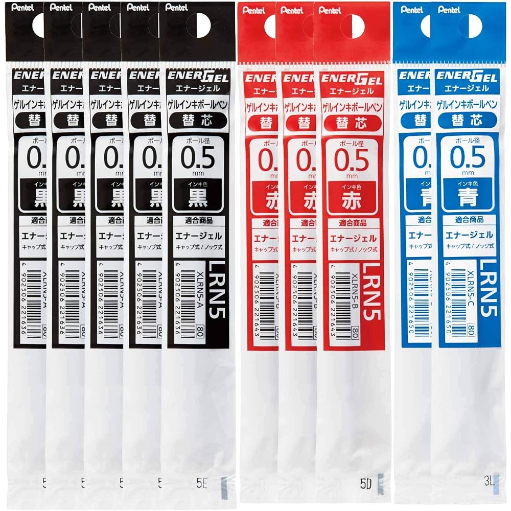 Pentel Ballpoint Pen Refill Set, XLRN5, 0.5mm, 5 Black, 3 Red, 2 Blue, AMZ-LRN5-10