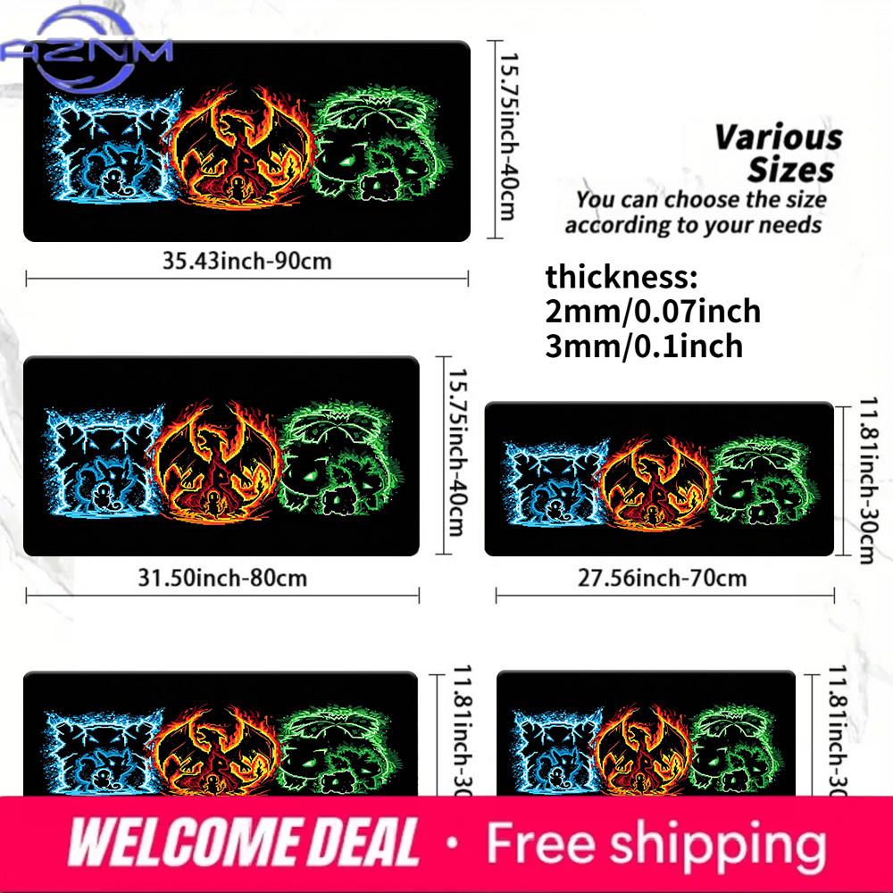 Pokemon Kanto Starters Water Fire Grass Neon Style Gaming Mouse Pad NonSlip Desk Mat 30x80x0.2cm