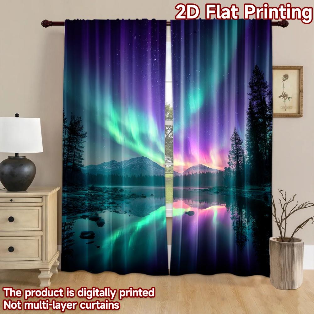 2D Flat Printing 2pcs Window Treatment Curtains Aurora Night Lake Trees Digital Printed Polyester Drapes Birthday Party Use for
