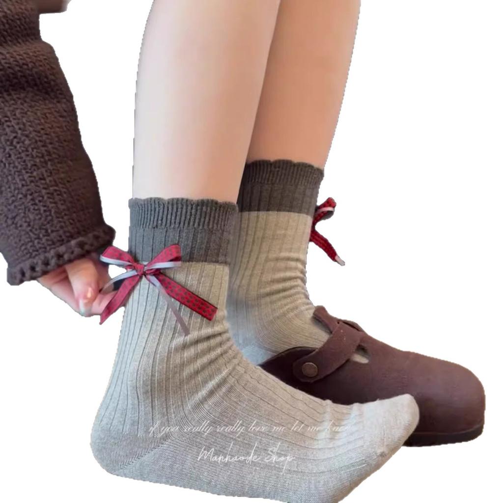 Chaussettes Mi-Mollet à Carreaux Rétro avec Nœud Épaissies Chaudes Dentelle de Ballet Chaussettes Empilées pour Mollets Chaussettes du Nouvel An