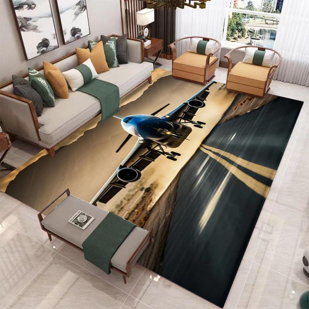 Large Airplane Theme Carpet with Warm Brown Desert Landscape Living Room Area Rug Dark Green Blanket Modern Home Decoration Mat