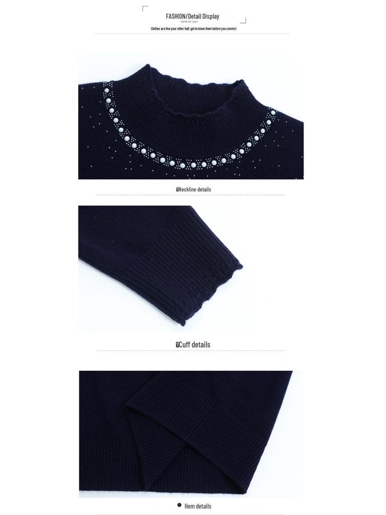 Women's 100% Wool Rhinestone Semi-High Neck Sweater – Fashionable Knitted Base Shirt for Autumn and Winter, Ideal for Middle-Aged and Elderly Mothers